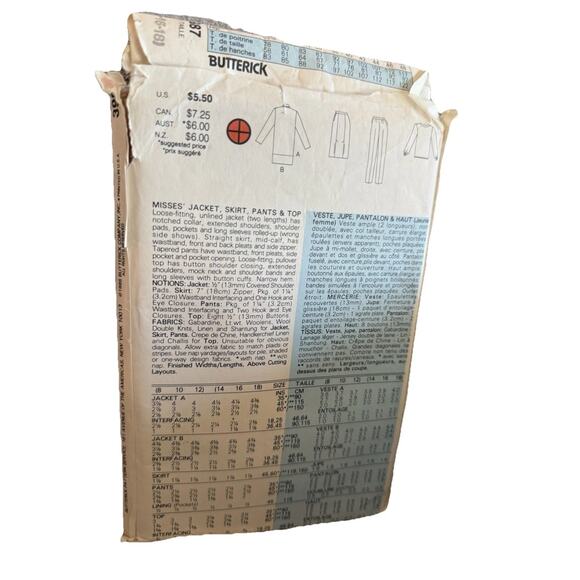 Vintage Butterick 3987 Misses Wardrobe Pattern 14 16 18 Jacket Skirt Pants Top - Picture 2 of 3